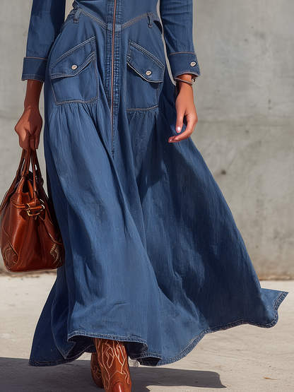 Retro Western Washed Denim Long Collared Workwear Pocket Shirt Dress With Zippered Front And Layered Flowing Hem