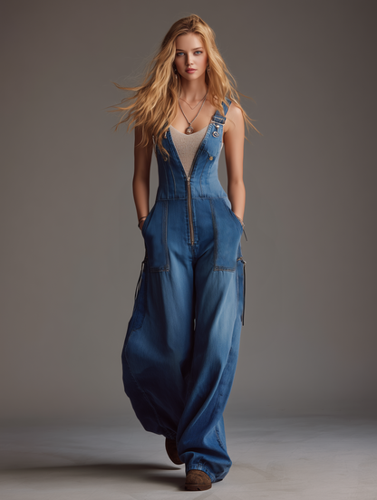 Stylish Blue Washed Denim Jumpsuit With Front Zipper Sleeveless Wide-leg Design