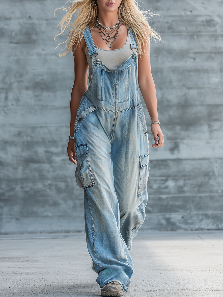 Retro Casual Street Style Multi-pocket Denim Loose Wide-leg Sleeveless Jumpsuit