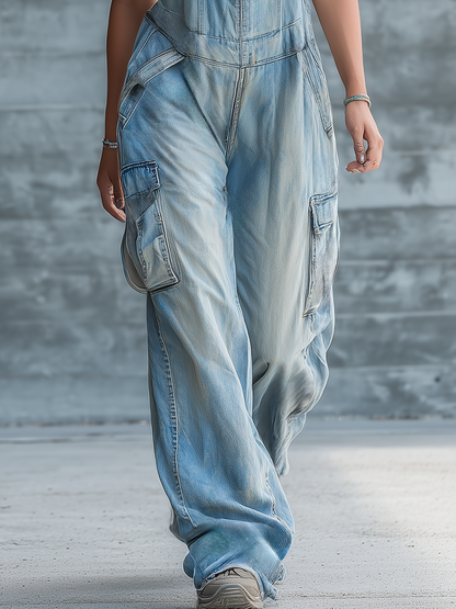 Retro Casual Street Style Multi-pocket Denim Loose Wide-leg Sleeveless Jumpsuit