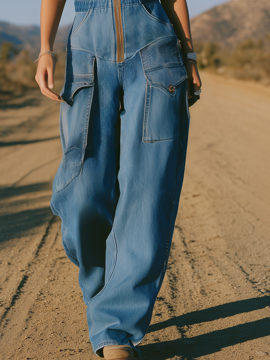 Retro-chic Washed Blue Sleeveless Denim Jumpsuit/wide-leg Cargo Overalls