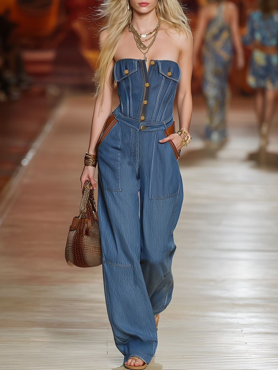 Retro-chic Style: Mid-blue Washed Denim Strapless Jumpsuit With Suede Color Blocking, Metal Buttons, And Large Workwear-style Patch Pockets.