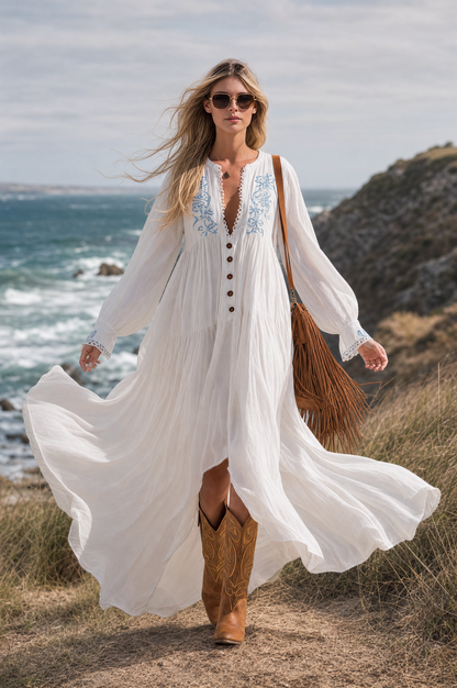 Boho Western White Embroidered Button-Front Cotton-Linen Maxi Dress