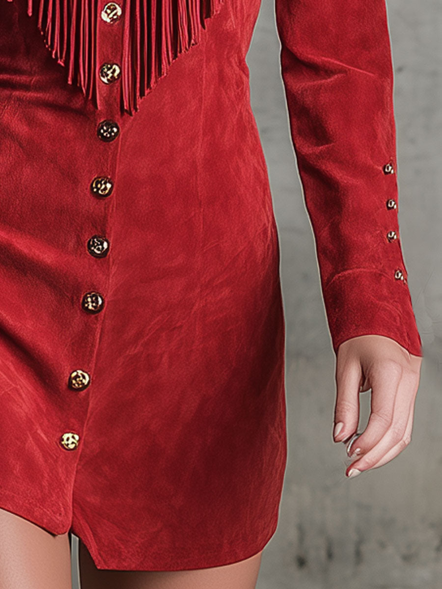 Western Retro Red V-neck Single-breasted Long-sleeved Tassel Faux Suede Mini Dress