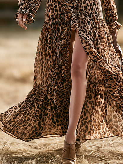 Retro-sexy Brown Leopard-print Ruffled Chiffon Long-sleeved Maxi Dress