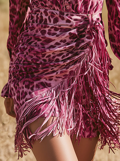 Trendy Western-style Pink Leopard Print Faux Suede Fringe Long-sleeve Mini Dress