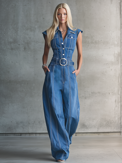 Retro Button-down Denim Jumpsuit With Contrasting Distressed Details And A Cinched Waist For A Wide-leg Cargo Look