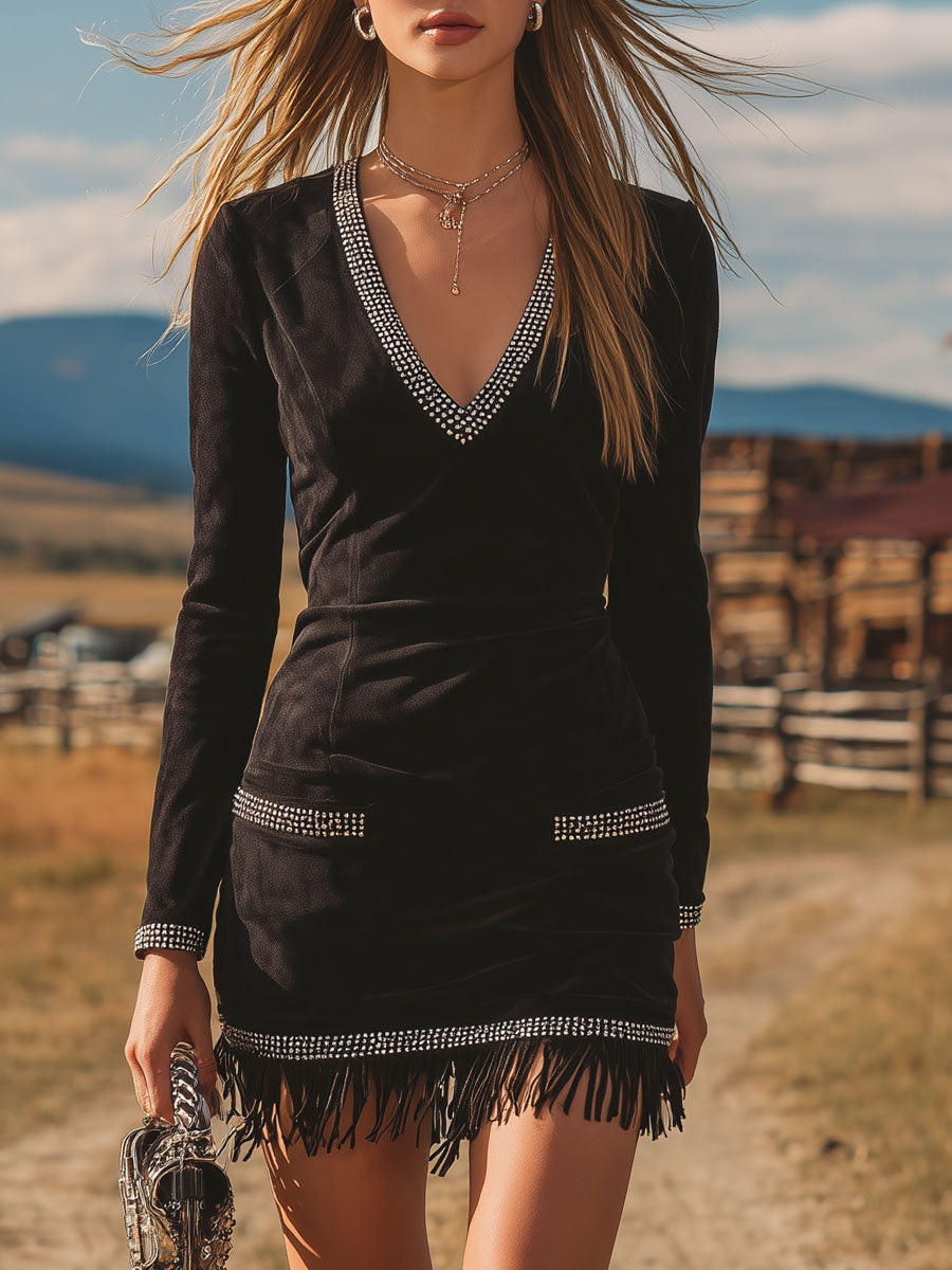 Western Retro Rhinestone Trim Black V-Neck Long Sleeve Tassel Suede Mini Dress