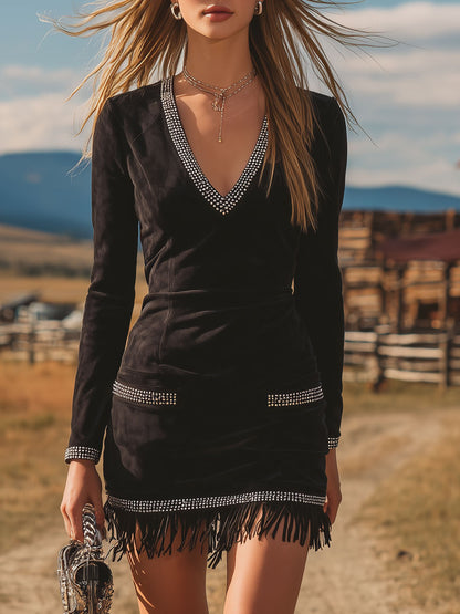Western Retro Rhinestone Trim Black V-Neck Long Sleeve Tassel Suede Mini Dress