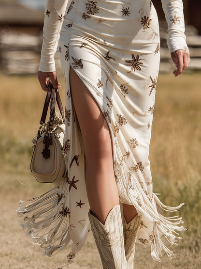 Western Retro Print White Hooded Long-Sleeved Tassel Faux Suede Midi Dress
