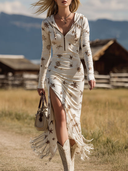 Western Retro Print White Hooded Long-Sleeved Tassel Faux Suede Midi Dress