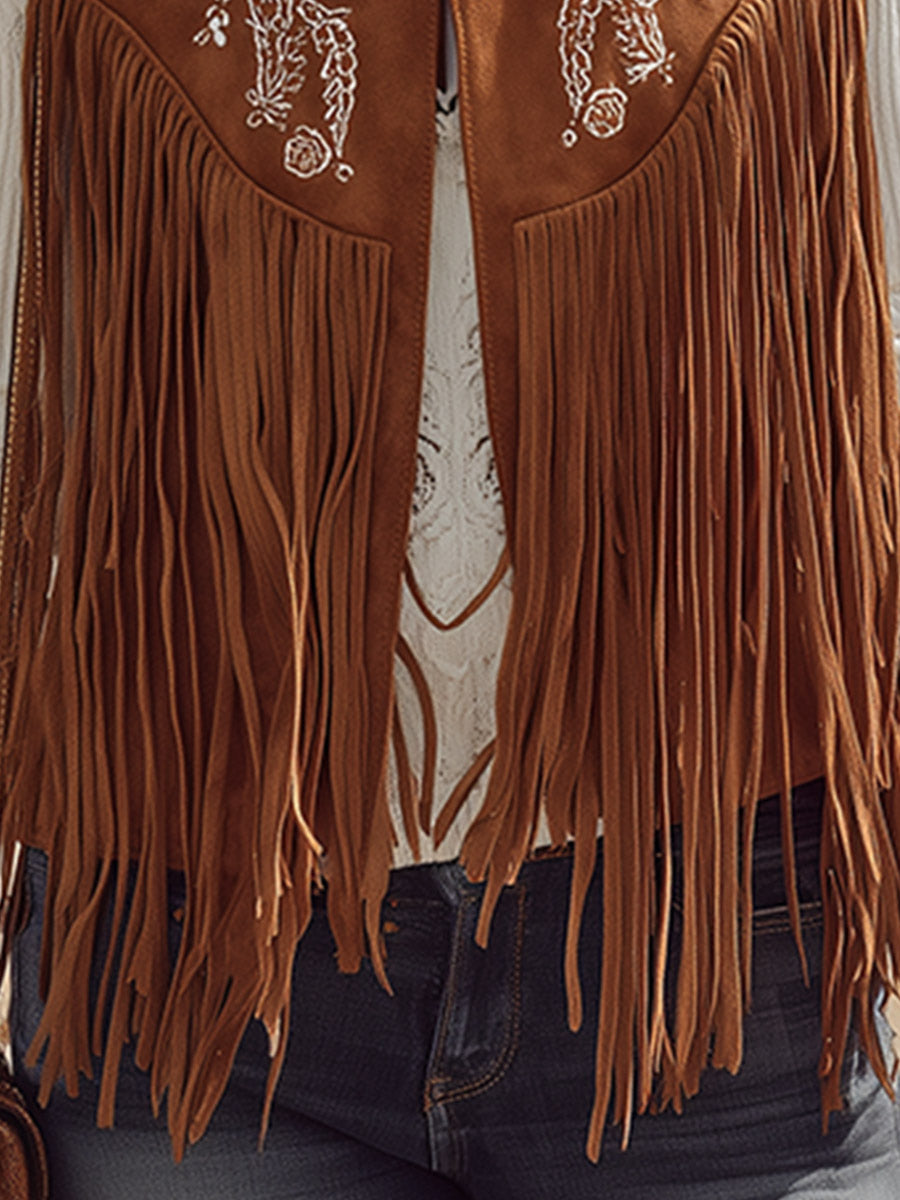 Vintage Western-style Embroidered Fringe Brown Faux Suede Vest
