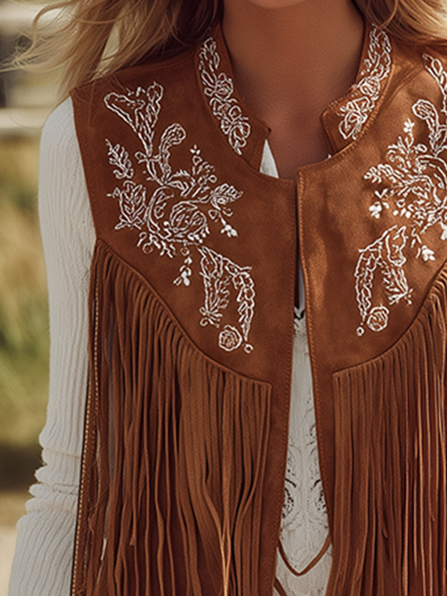 Vintage Western-style Embroidered Fringe Brown Faux Suede Vest