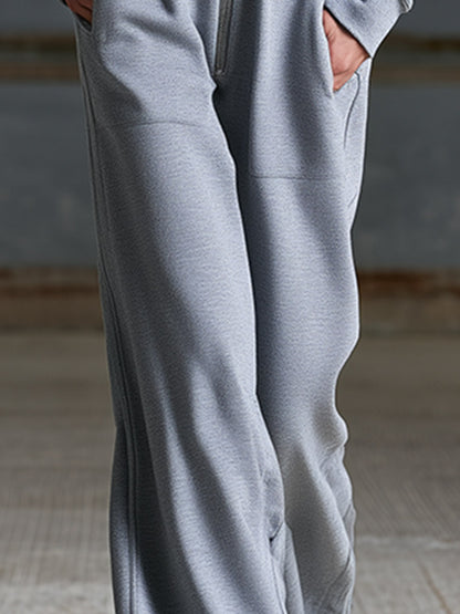 Casual-chic Denim-trimmed Grey Cotton Long-sleeve Jumpsuit