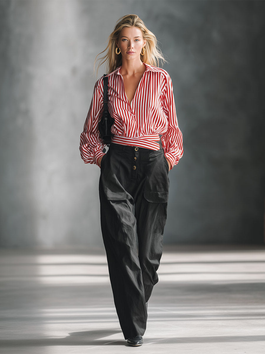 Urban Retro Red Striped Shirt And Black Trousers Set