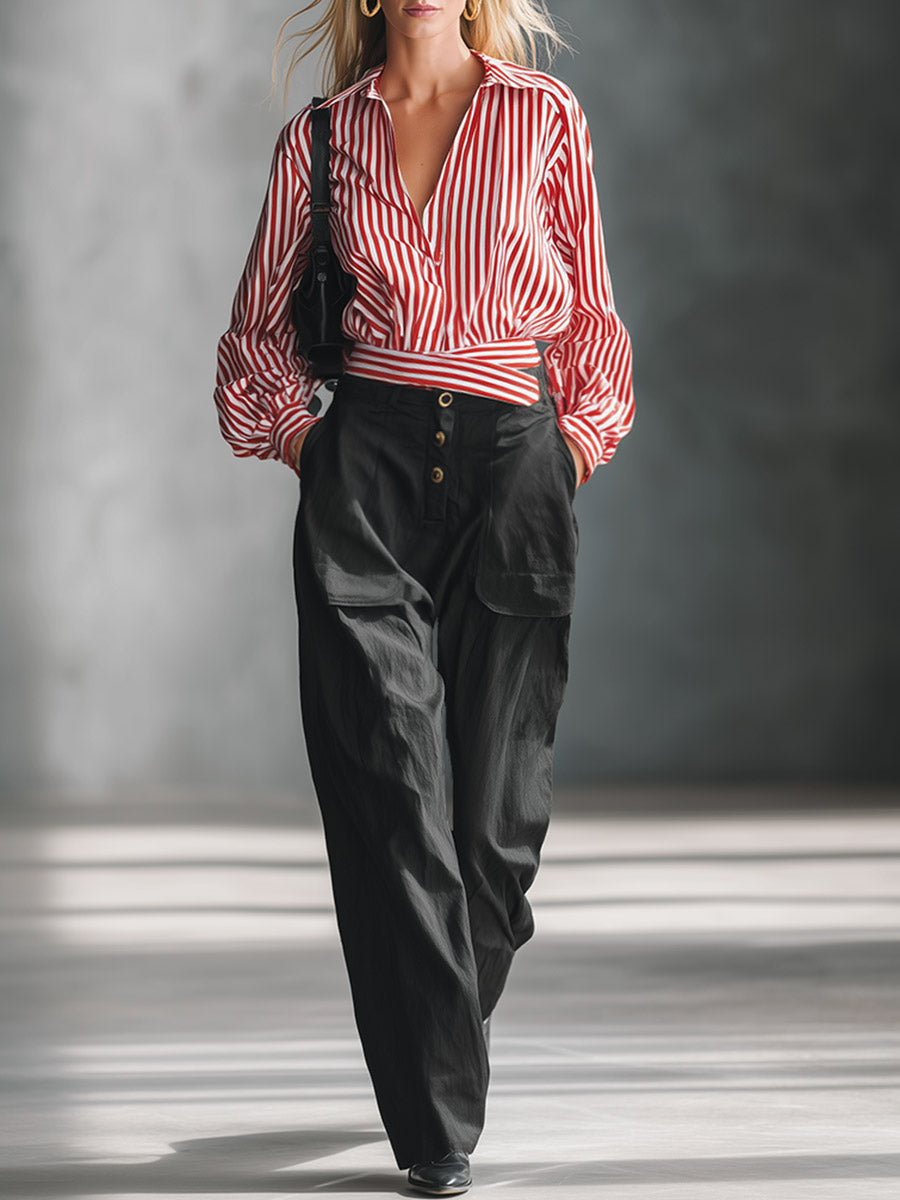 Urban Retro Red Striped Shirt And Black Trousers Set