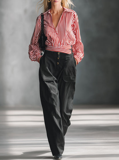 Urban Retro Red Striped Shirt And Black Trousers Set