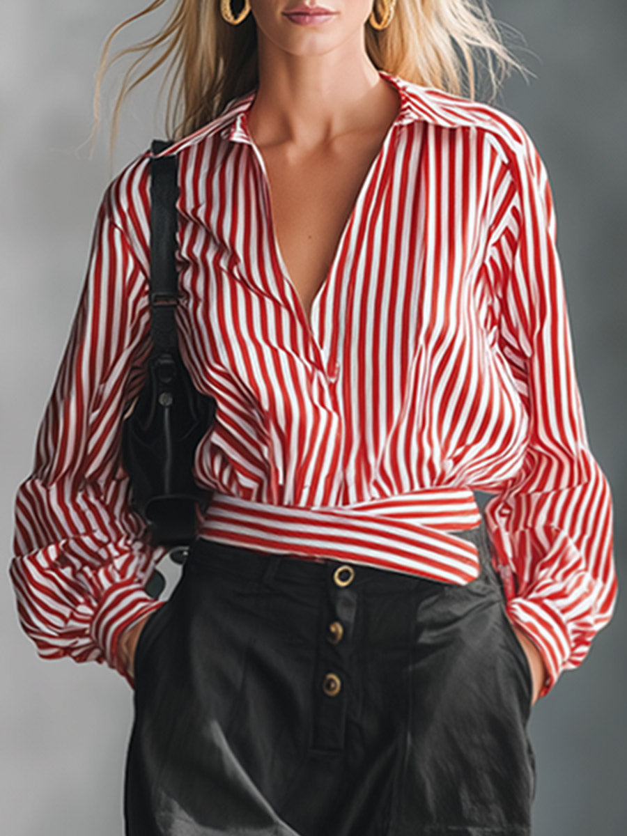 Urban Retro Red Striped Shirt And Black Trousers Set