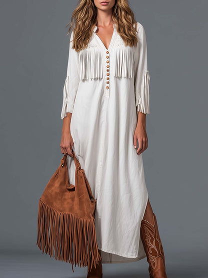 Boho Western Cotton Maxi Dress With Suede Fringe