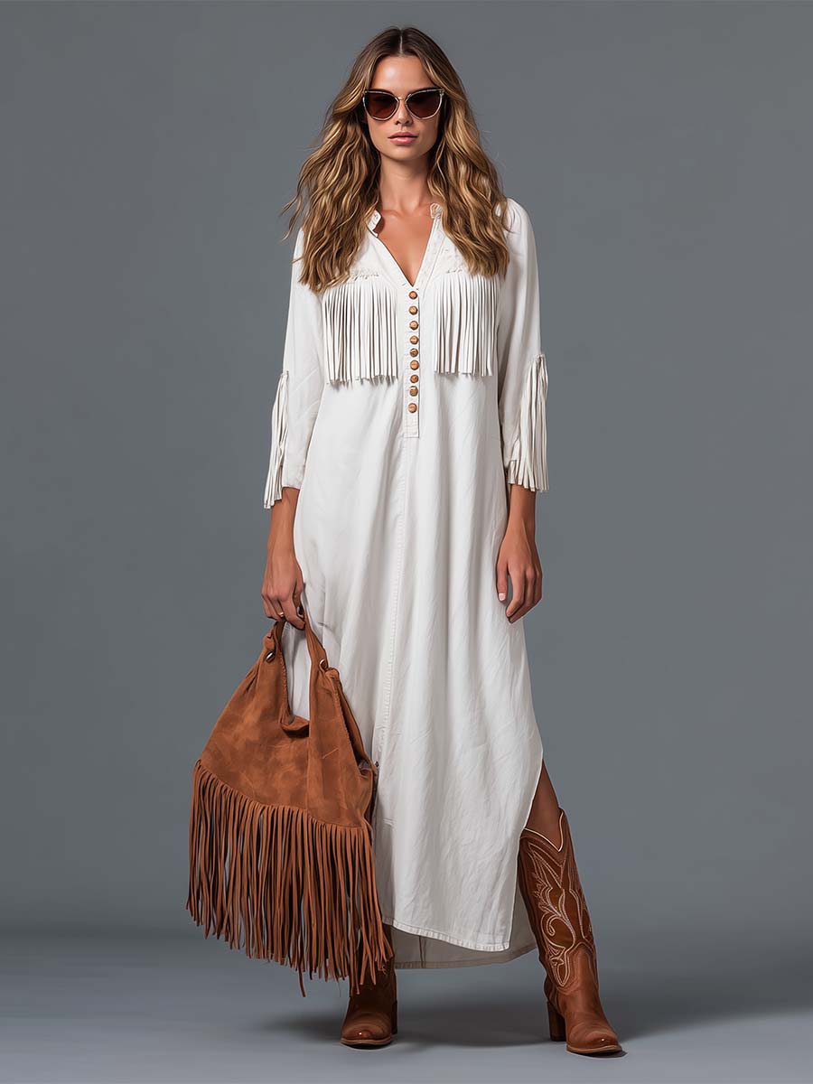 Boho Western Cotton Maxi Dress With Suede Fringe