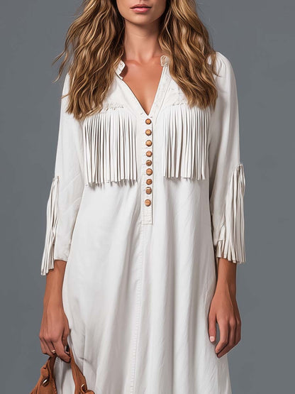 Boho Western Cotton Maxi Dress With Suede Fringe