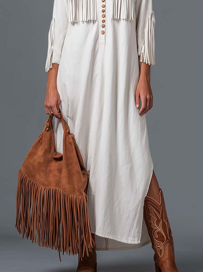 Boho Western Cotton Maxi Dress With Suede Fringe