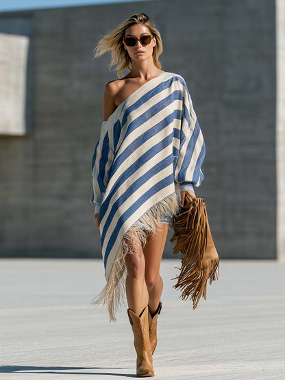 Boho Western Blue Striped Fringe Asymmetric Midi Dress