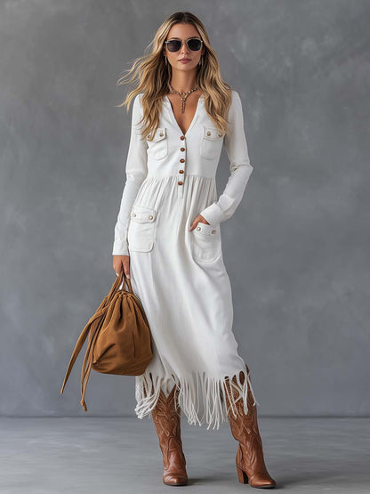 Western White Ribbed Knit Fringe Button-Front Maxi Dress