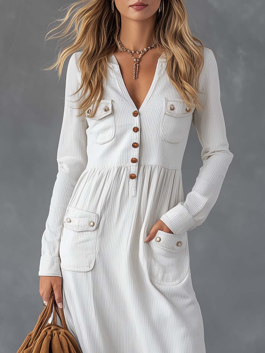 Western White Ribbed Knit Fringe Button-Front Maxi Dress