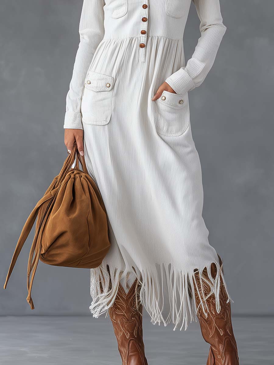 Western White Ribbed Knit Fringe Button-Front Maxi Dress
