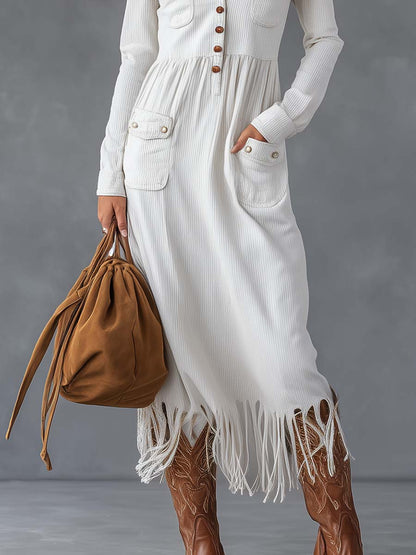 Western White Ribbed Knit Fringe Button-Front Maxi Dress