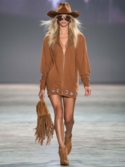 Western Sporty Camel Zip-Front Grommet-Hem Hooded Sweatshirt Mini Dress