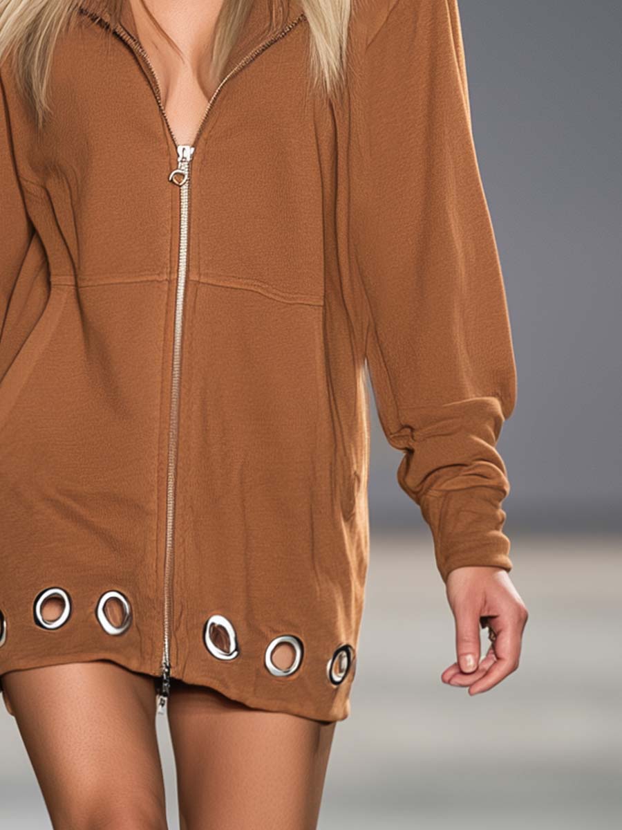 Western Sporty Camel Zip-Front Grommet-Hem Hooded Sweatshirt Mini Dress
