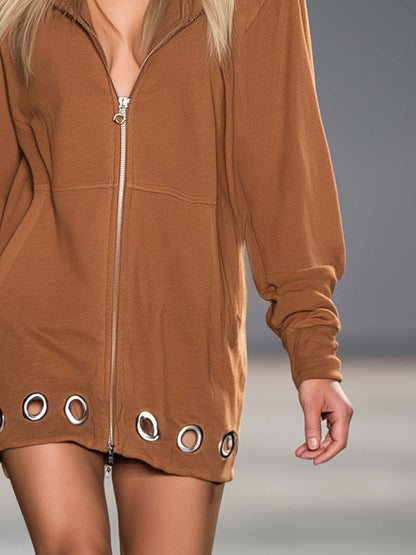 Western Sporty Camel Zip-Front Grommet-Hem Hooded Sweatshirt Mini Dress