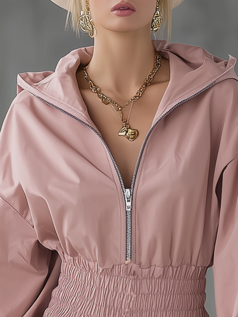 Vintage-style Casual Elegant Pink Cotton-linen Hooded Dress