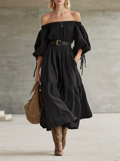 Vintage-style Elegant Western-inspired Black Cotton-linen Off-shoulder Maxi Dress