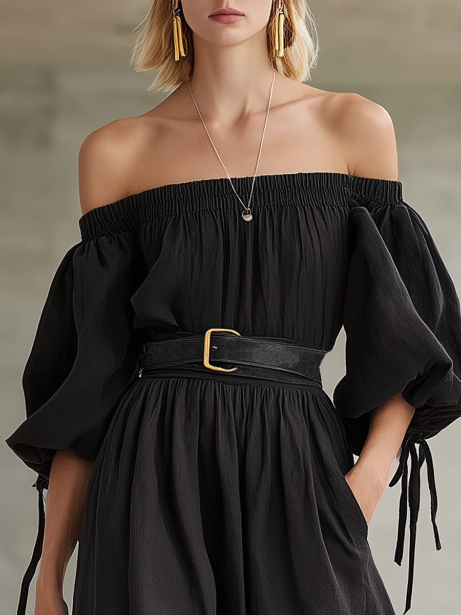 Vintage-style Elegant Western-inspired Black Cotton-linen Off-shoulder Maxi Dress