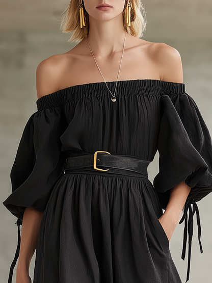 Vintage-style Elegant Western-inspired Black Cotton-linen Off-shoulder Maxi Dress