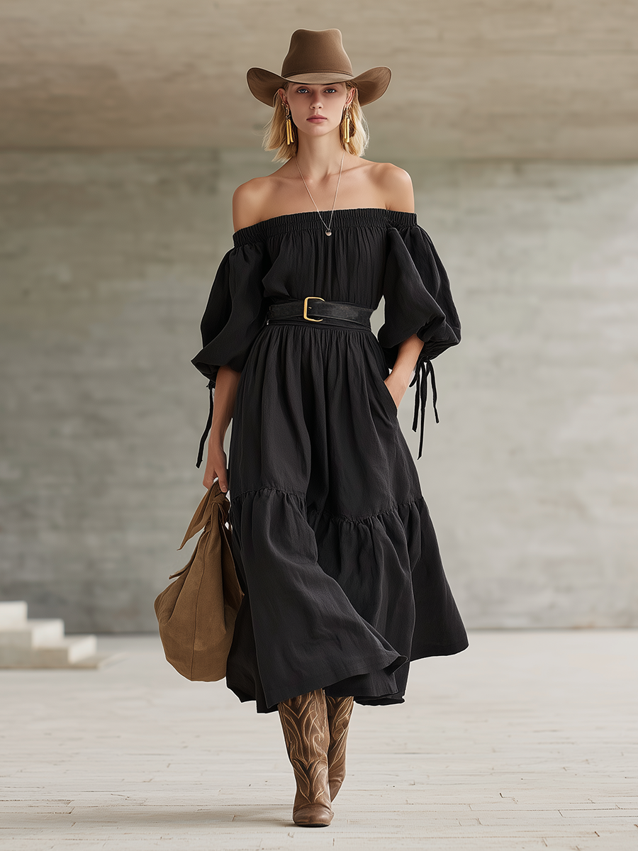 Vintage-style Elegant Western-inspired Black Cotton-linen Off-shoulder Maxi Dress