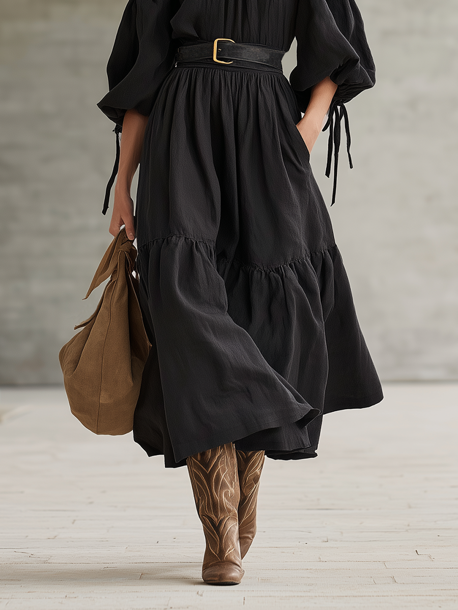 Vintage-style Elegant Western-inspired Black Cotton-linen Off-shoulder Maxi Dress