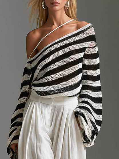 Minimalist Urban Striped One-Shoulder Knit Top And White Cotton-Linen Wide-Leg Pants Set