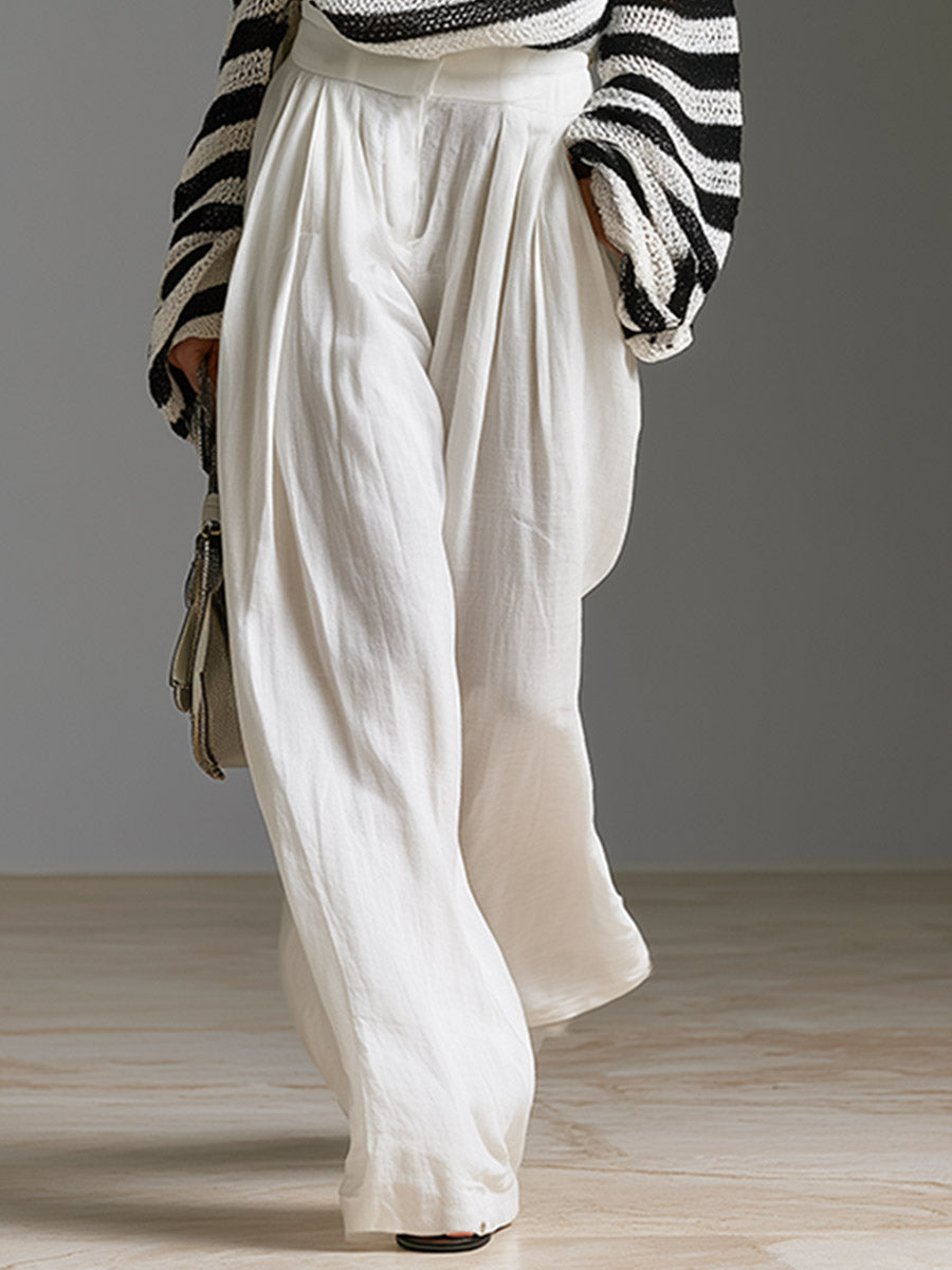 Minimalist Urban Striped One-Shoulder Knit Top And White Cotton-Linen Wide-Leg Pants Set