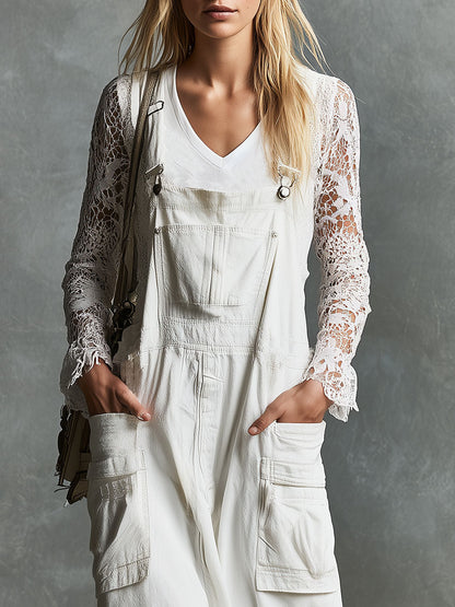 Vintage-style Frayed White Pocket Overalls Denim Midi Dress