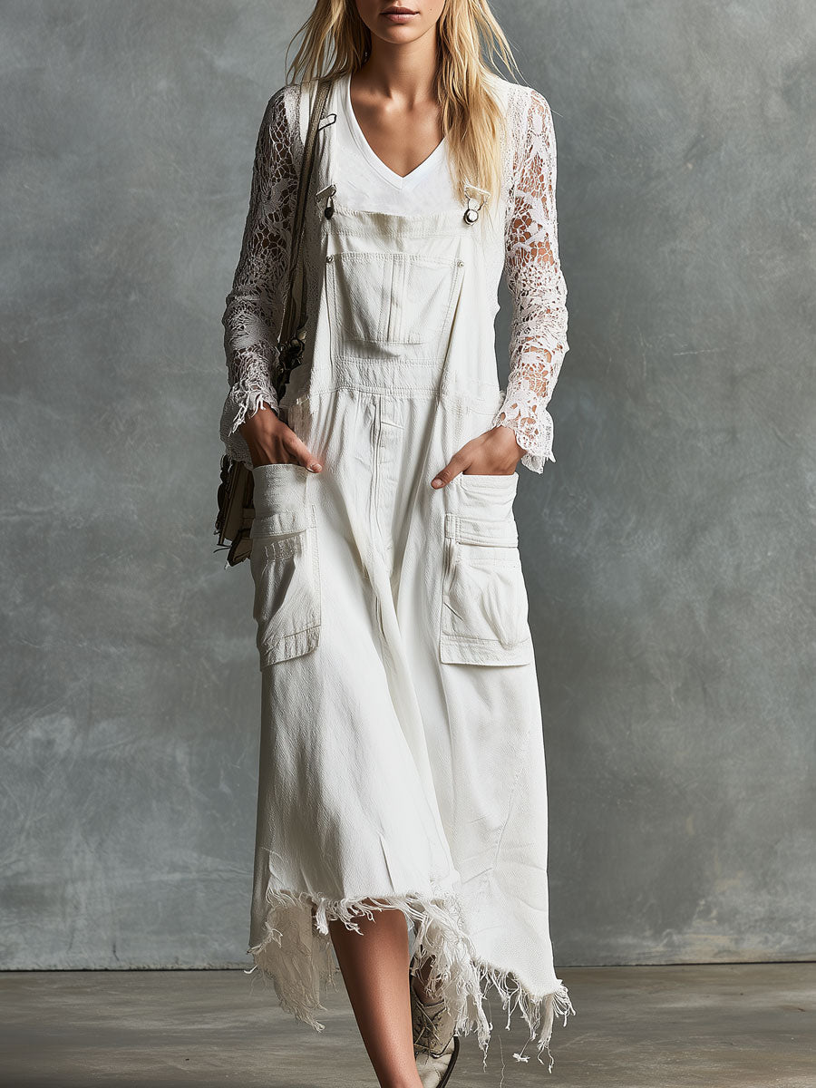 Vintage-style Frayed White Pocket Overalls Denim Midi Dress