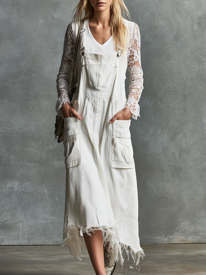 Vintage-style Frayed White Pocket Overalls Denim Midi Dress
