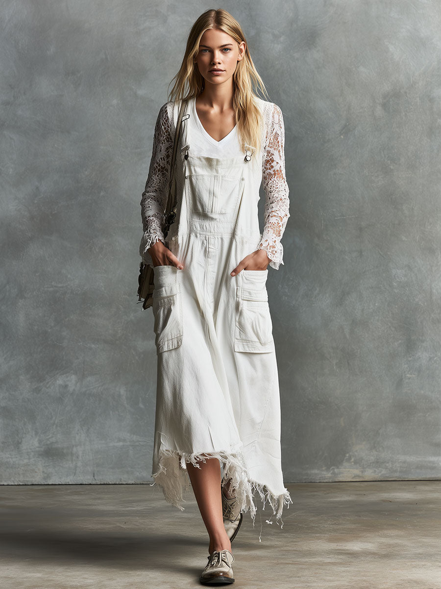 Vintage-style Frayed White Pocket Overalls Denim Midi Dress