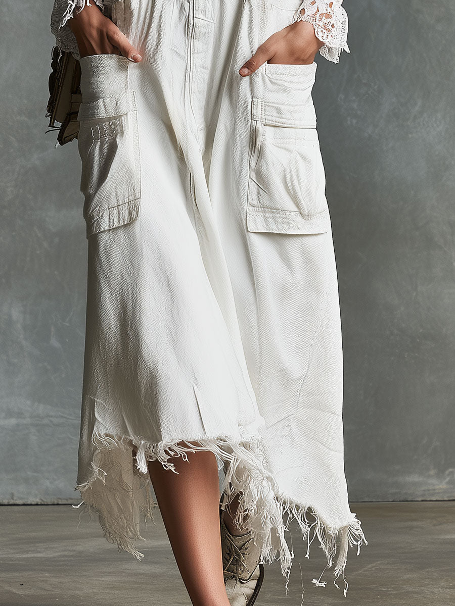 Vintage-style Frayed White Pocket Overalls Denim Midi Dress