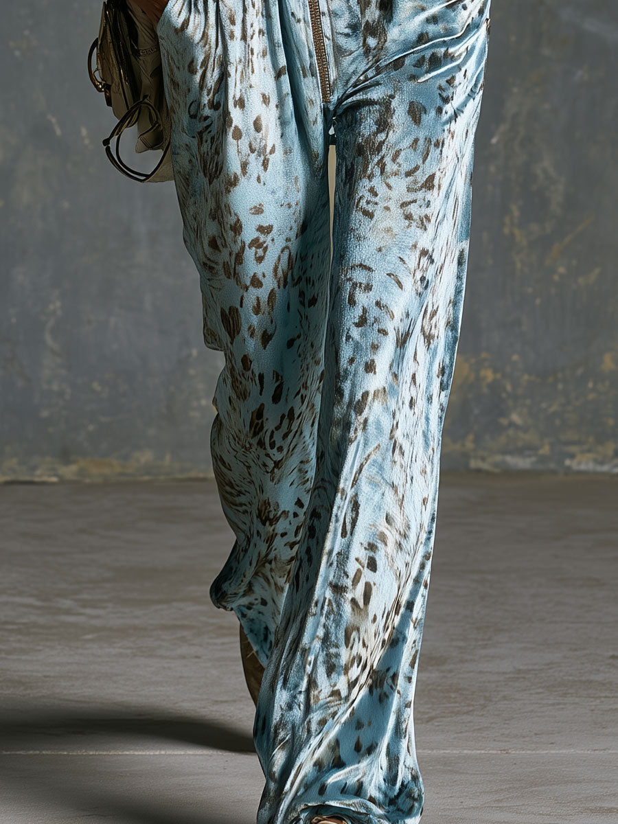 Retro Blue Leopard Print Long-sleeved Zip-up Velvet Jumpsuit