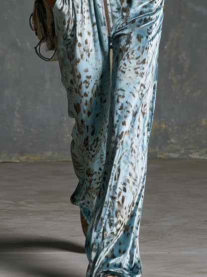 Retro Blue Leopard Print Long-sleeved Zip-up Velvet Jumpsuit