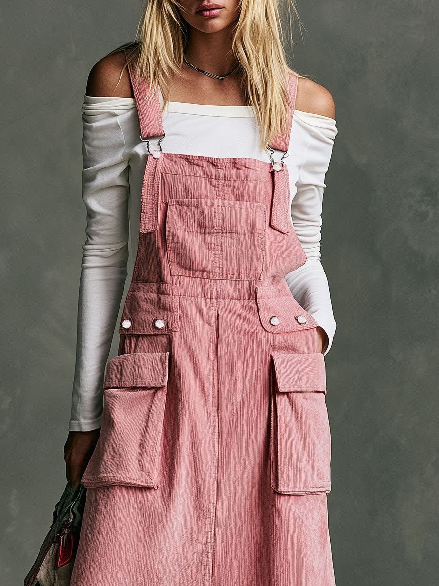 Retro Casual Pink Corduroy Overalls Midi Dress